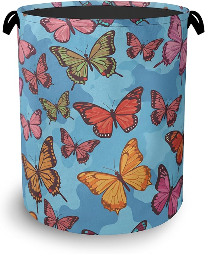 Colorful Butterfly Laundry Basket,Foldable Oxford Cloth Tote Bag Laundry Hamper Clothes Storage Bucket Organizer for Bedroom Laundry Storage Dormitories 16" x 20.8"