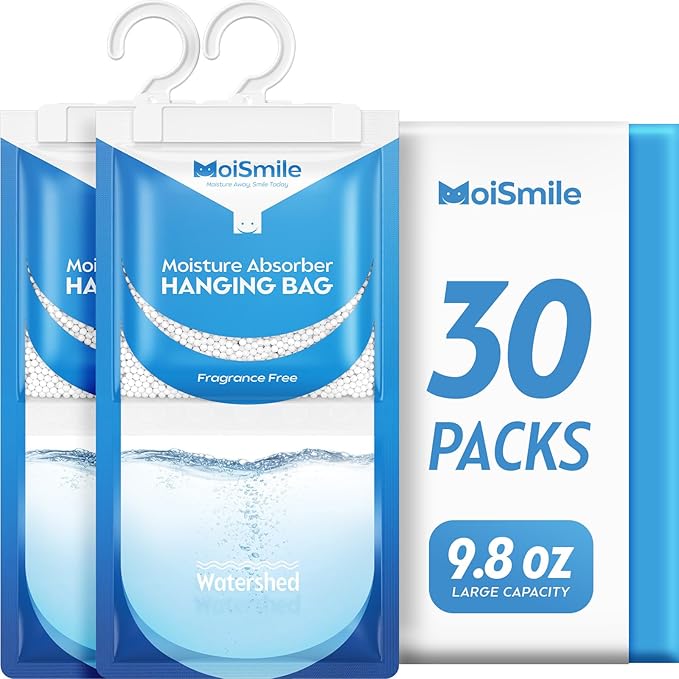 Moisture Absorbers 30 Pack Fragrance Free, Hanging Closet Dehumidifier Bags, Humidity Absorber, Compact Eliminates Odors Humidity Packs for Car, Bathroom, Bedroom, Basement, 9.8OZ