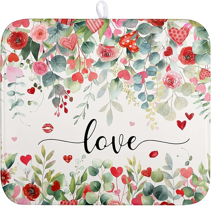 Wnoesat Valentines Day Love Heart Rose Eucalyptus Leaves Dish Drying Mat for Kitchen Counter 16x18 Inch Spring Valentine Microfiber Absorbent Dish Drainer Mats Reversible Drying Pad