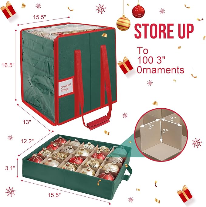 Christmas Ornament Storage Box, Stores Up to 100 Count 3 Inch Ornaments, 5 Individual Trays, Adjustable Dividers, 600D Oxford Fabric, Large Organizer Bin to Protect and Store Holiday Décor