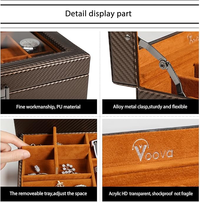 Voova Jewelry Box Watch Boxes Organizer for Men Women,2 Layer Large 12 Slot PU Leather Watch Storage Case,Glass Top Jewelry Display Holder for Watches Sunglasses Rings Necklaces Bracelets,Coffee+Brown