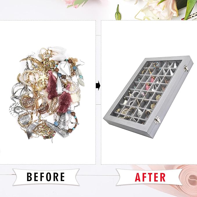 Jewelry Tray Organizer Box 48 Grid Jewelry Display Organizer Box with Transparent Lid Rings Earrings Necklaces Pendants Display Box Suitable for Women and Girls (48 Grid, Silver Grey)