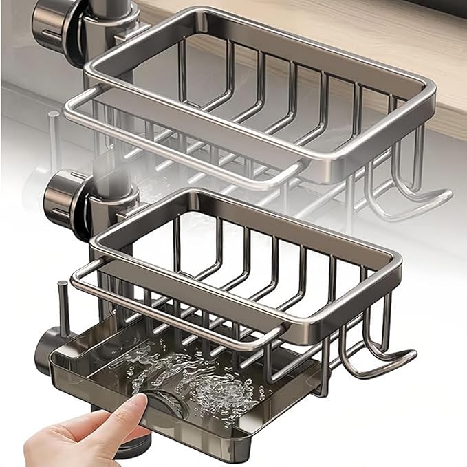 MAIYELI Kitchen Sink Faucet Organizer,Sponge Holder Caddy Rack Multifunction Shelf for Soap,Dish Accessories, Adjustable for 0.7-1.1 Inch Round Water Pipe (Right Grey)