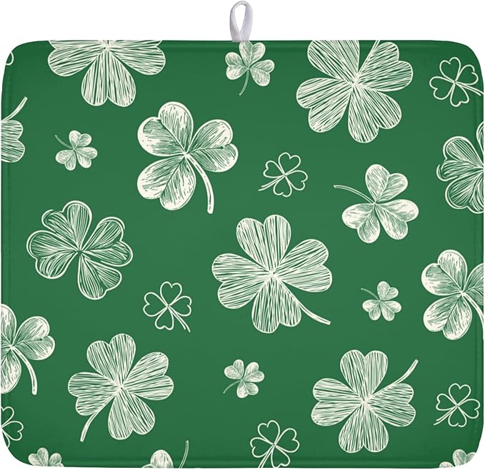 ABSOP St Patrick's Day Dish Drying Mat 16 x 18 Inch Green Shamrock Dish Drainer Rack Mat Absorbent Microfiber Mats for Spring Lucky Clovers Dish Pad for Kitchen Coffee Bar Decor