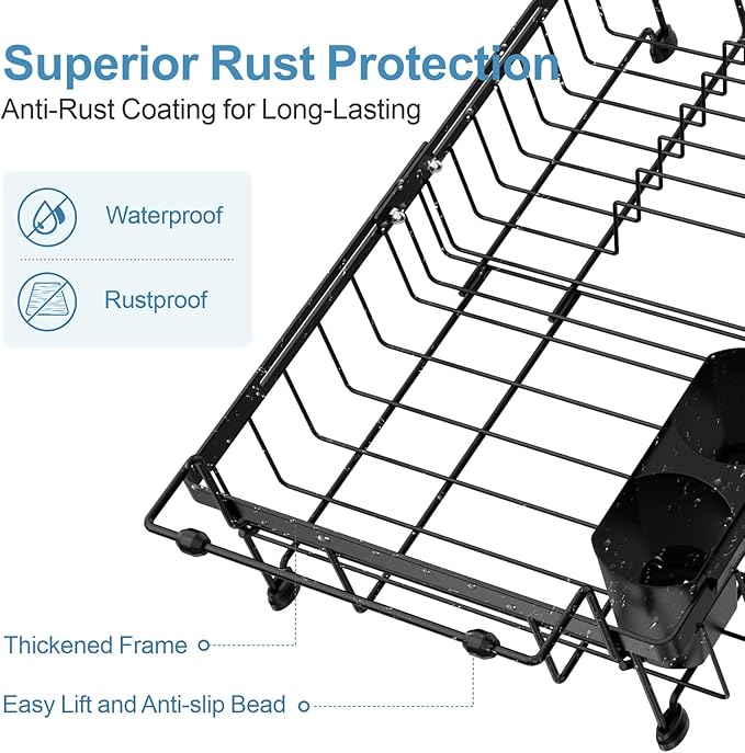 iSPECLE Expandable Dish Drying Rack with Silicone Mat for Sink or On Counter, Rust Resistant Adjustable Dish Drainer with Tightening Knob, Arms with Non Slip Rubber, 12.8" W x 12.4"-17.1" L, Black