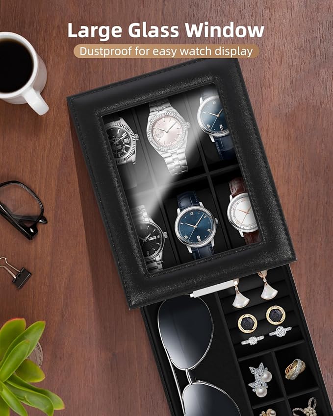 Uten 6-Slot Watch Box, 2-Layers PU Leather Watch Case with Glass Lid, Watch Holder Organizer with Soft Pillow and Velvet Lining, Watch and Jewelry Storage Box, Black