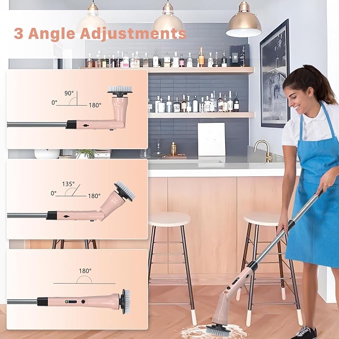 Electric Spin Scrubber, Hillyfe Bathroom Scrubber Electric with 7 Replaceable Brush Heads, IPX7 Waterproof,300/400 RPM, 3 Adjustable Length,Scrubber Brush Electric for Bathtub Floor,Pink