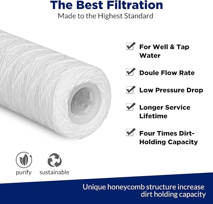 Membrane Solutions 10 Micron 10"x2.5" String Wound Whole House Water Filter Replacement Cartridge Universal Sediment Filters for Well Water - 6 Pack