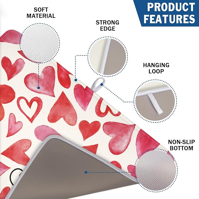 ABSOP Valentine's Day Dish Drying Mat 18 x 24 Inch Heart Shaped Dish Drying Pad Absorbent Microfiber Mats for Red and Pink Dish Rack Pad for Kitchen Counter Coffee Bar Decor