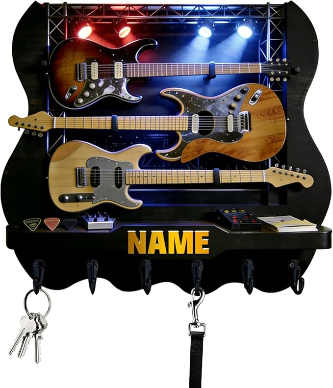 Custom 2D Flat Print Rock Guitar Key Storage Holder for Music Lover Family Friends Music Themed Wall Hooks Personalized Vintage Guitar Stand Name Key Rack Coat Holder for Culb Living Room Hallway