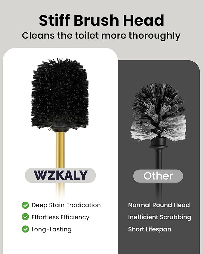 WZKALY Toilet Brush and Holder Set, Toilet Bowl Brush for Bathroom with Long Handle, Stainless Steel Toilet Cleaner Brush with Durable Scrubbing Bristles,Splash-Prooft (Brushed Gold)