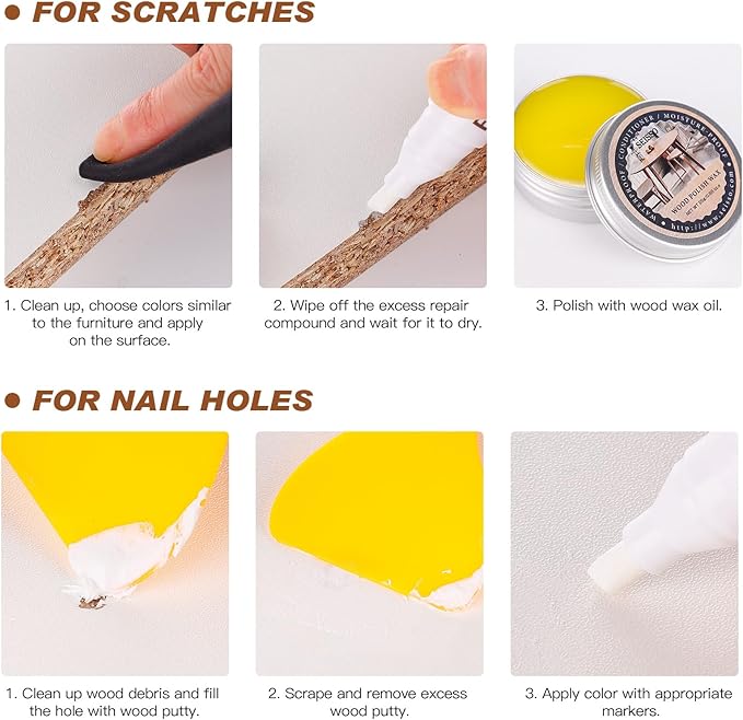 Furniture Touch Up Markers, 12 Colors New Upgrade Furniture Pens, Wood Markers, 19 Pcs Wood Scratch Repair Tools Kit with Polish Wax, Wood Putty, for Cracks, Holes, Stains, Floors, Tables, Cabinets