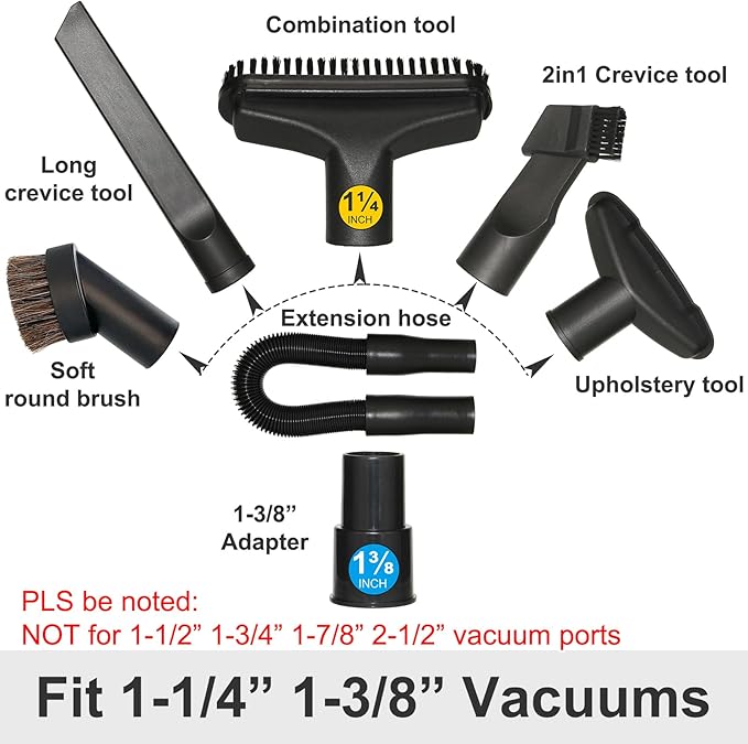 Kodahome 1 1/4" Vacuum Brush Attachments with 1 3/8"(35mm) Vac Hose Adapter, Vacuum Car Detailing Attachments Replacement for 1-1/4inch 1-3/8inch Vac (Car Kit A)