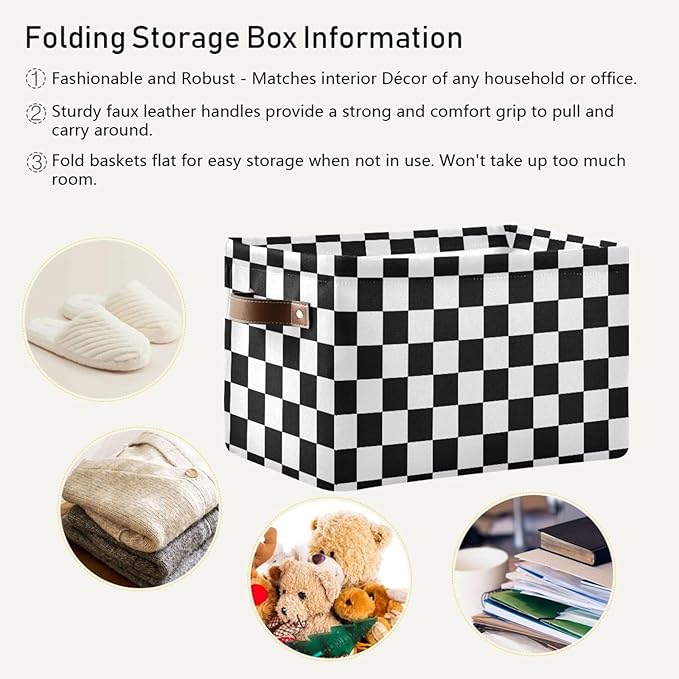 ALAZA Black White Checkered Foldable Storage Box Storage Basket Organizer Bins with Handles for Shelf Closet Living Room Bedroom Home Office 1 Pack