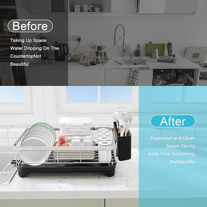 HOMEBOSILY Dish Drying Rack 304 Stainless Steel Dish Rack with Drainboard,Space Spaving Auto-Draining Drying Racks for Kitchen Counter,Large Capacity Dish Racks for Bowls, Cups, Dish Drainer Black