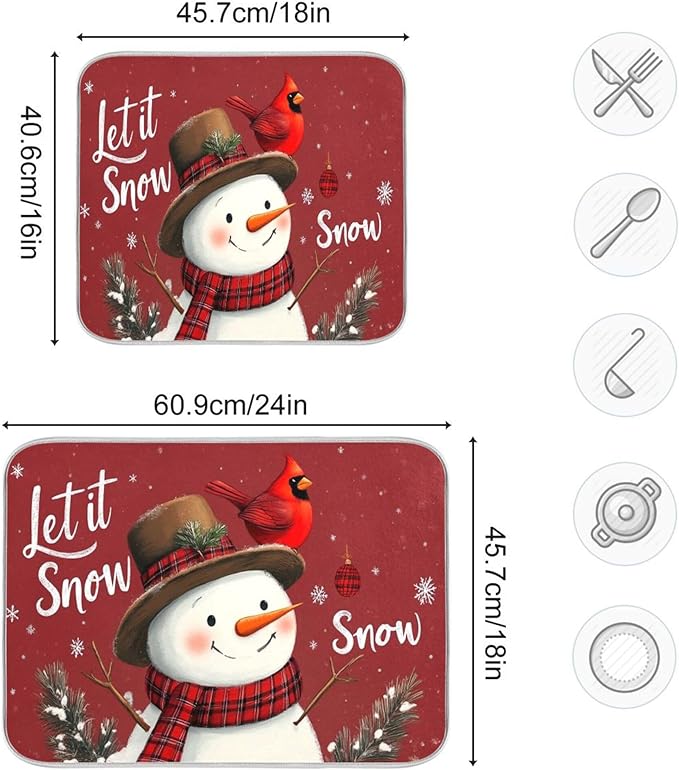 Winter Snowman Let it Snow Dish Drying Mat for Kitchen Countertop 18x24 Christmas Red Birds Snowflake Xmas Large Drying Mat Reusable Quick Dry Dish Sink Mats Easy Clean Decorative Essentials