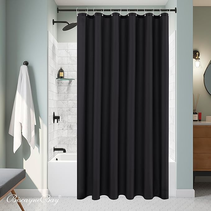 Biscaynebay Fabric Shower Curtain Short Stall Liners 72" Width by 65" Length, Black Water Resistant Bathroom Curtains, Rust Resistant Grommets Top Weighted Bottom Machine Washable