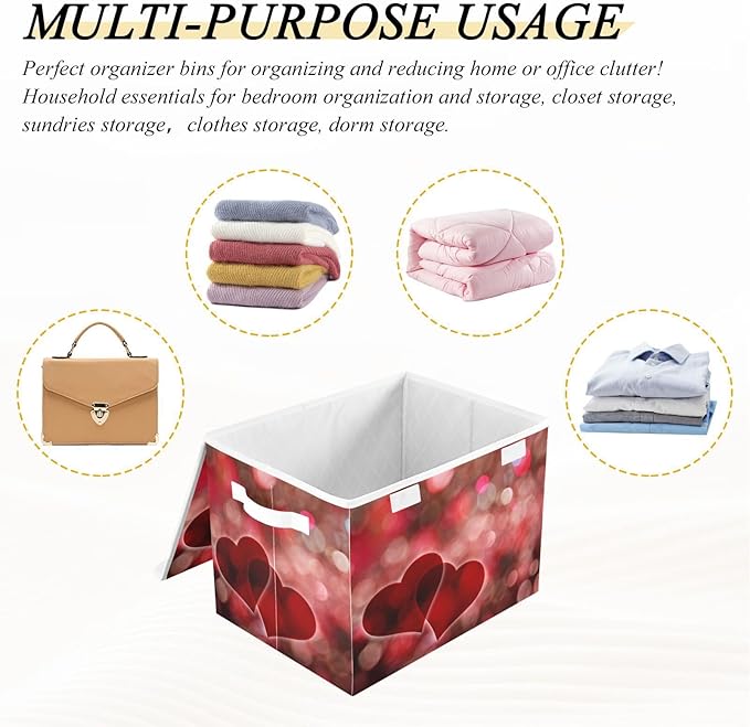 Valentines Baskets Collapsible Storage Bins with Lids, Hearts Bokeh Effect Storage Boxes Clothes Baskets for Organizing