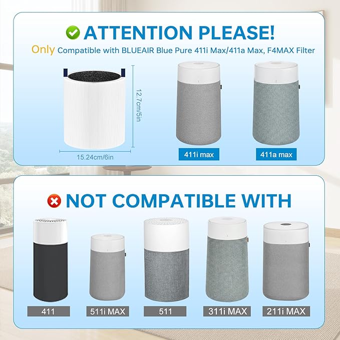 Blue Pure 411i/411a Max Replacement Filter Compatible with 411i/411a Max Smart Machine Blue Pure F4MAX, 3-in-1 Efficient Middle Filter and Activated Carbon Filters for Home Living Room, 2 Pack