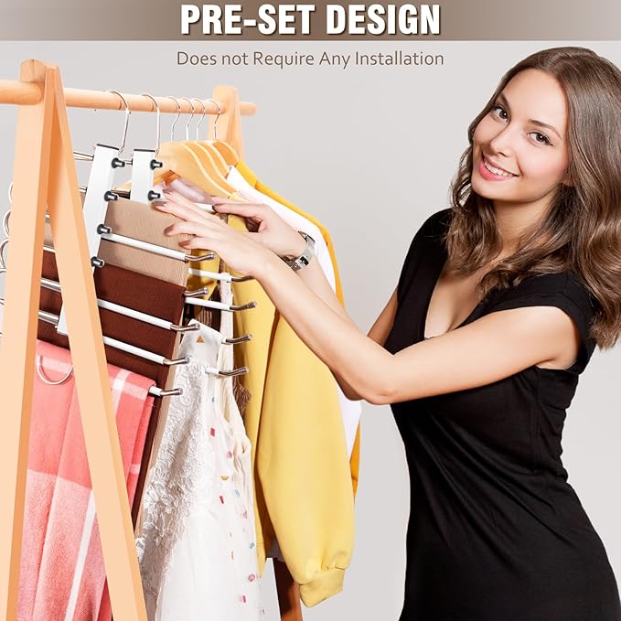 HUITEM Space Saving 6 Tier Pant Hangers, Anti-Slip, Lightweight, Stainless Steel, 2 Pack, White