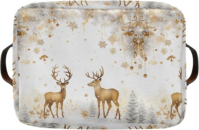 ALAZA Golden Reindeer Deer Merry Christmas Foldable Storage Box Storage Basket Organizer Bins with Handles for Shelf Closet Living Room Bedroom Home Office 1 Pack