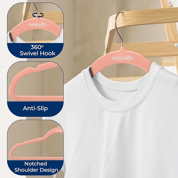 SereneLife 10 Pack Velvet Hangers - Non-Slip with 360° Swivel Hook - Ultra-Thin, Lightweight Velvet Hangers for Shirts, Sweaters, Hoodies, Kids Clothes & Dresses - Space-Saving (Pink)