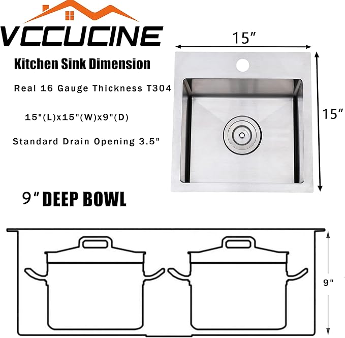 VCCUCINE Drop in Bar Sink, 15x15 Inch Topmount RV Small Kitchen Sink, Handmade Stainless Steel Wet Bar Sink, Outdoor Single Bowl, Brushed Nickel Prep Sink with Accessories
