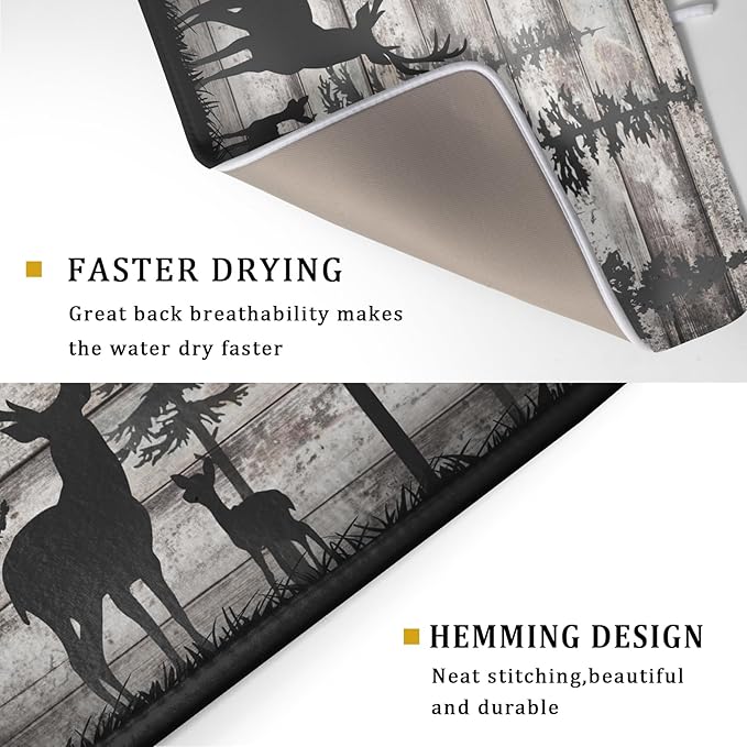 Forest Deer Dish Drying Mat Wildlife Animal Decorative Microfiber Dishes Pad 18x24 Inch Absorbent Reversible Kitchen Counter Drainer Mats