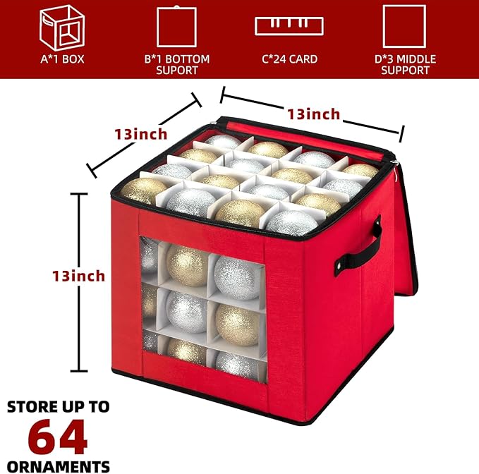 inin Christmas Ornament Storage Box with Adjustable Dividers,Christmas Ornaments Organizer with Zippered Top,Storage Container Bin for Holiday Decorations(64 Ball, Red, Without Tray)