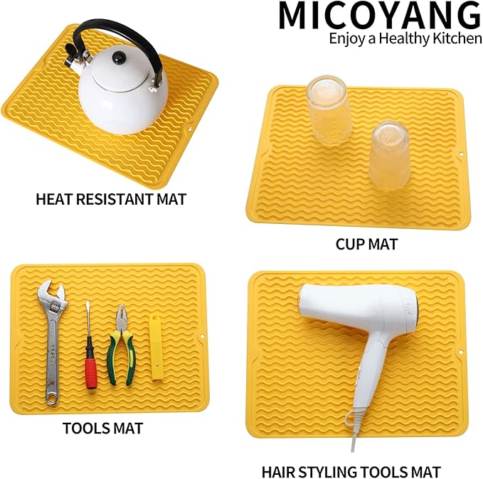 MicoYang Silicone Dish Drying Mat for Multiple Usage,Easy clean,Eco-friendly,Heat-resistant Silicone Mat for Kitchen Counter or Sink,Refrigerator or drawer liner Yellow L 16 inches x 12 inches