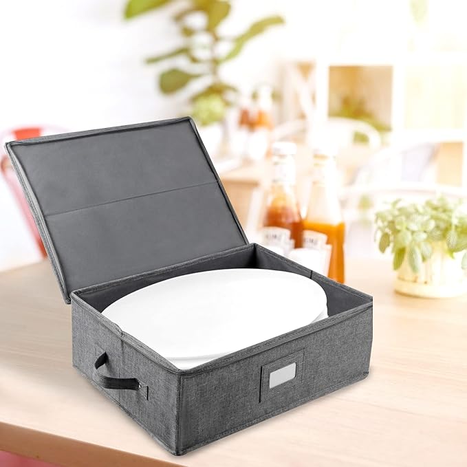 popoly Platter Storage Case, China Storage Containers Hard Shell 17" x 13" x 6", 5 Felt Dividers Included, Structured Top and Stackable (Linen Grey)