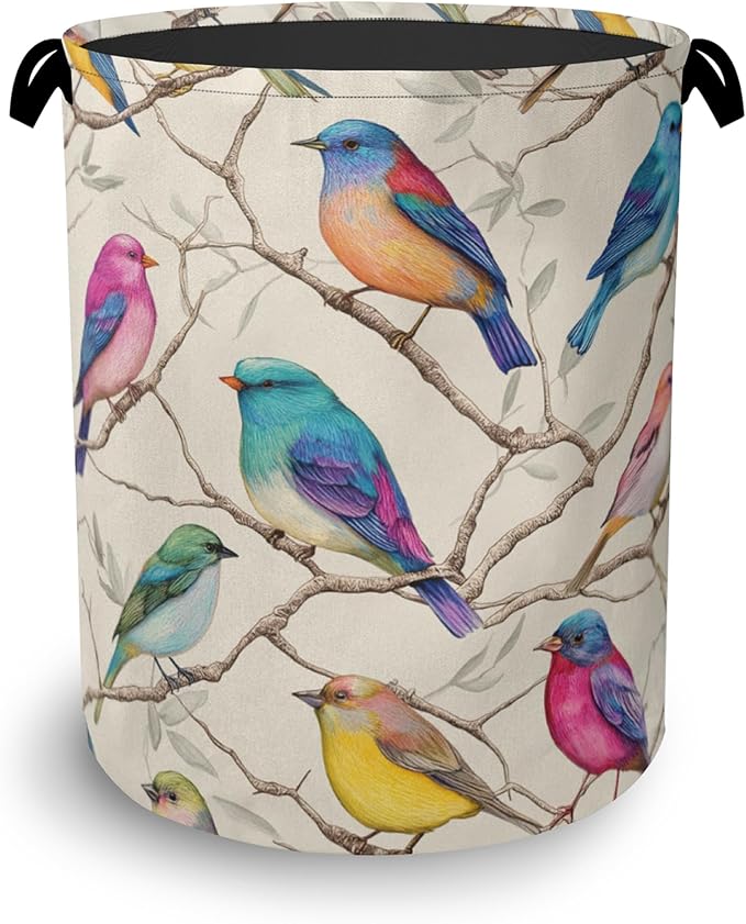 Colorful Bird Laundry Basket,Branches Foldable Oxford Cloth Tote Bag Laundry Hamper Clothes Storage Bucket Organizer for Bedroom Laundry Storage Dormitories 16" x 20.8"