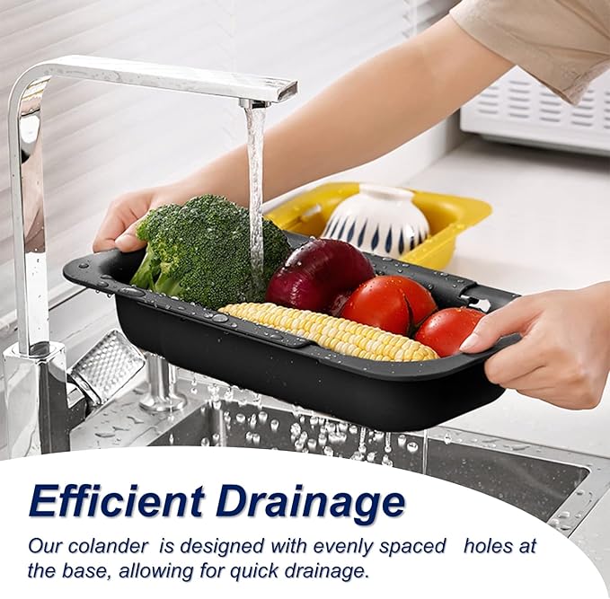 YUNKWONG Extendable Sink Colander Strainer Basket - Wash Vegetables and Fruits, Drain Cooked Pasta and Dry Dishes - Adjustable Over the Sink Colander Collapsible Drainer Basket - Black