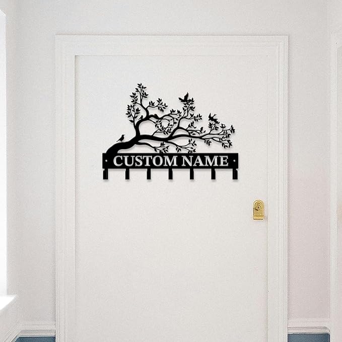 Personalized Custom Name Birds of Trees Wall Key Hooks,Metal Birds of Trees Art Clothes Hooks,Metal Birds of Trees Wall Home Storage Decorative,For Front Door, Hallway, Kitchen, Bedroom(Style B)