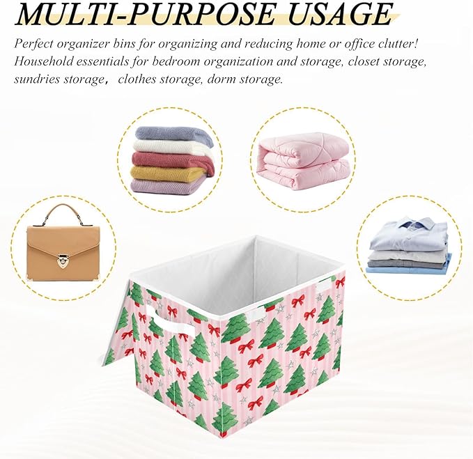Christmas Tree Bows Stars Storage Bins with Lids Foldable Storage Basket with Handles Collapsible Large Fabric Organizer Containers for Clothes Shelves Closet Office Home