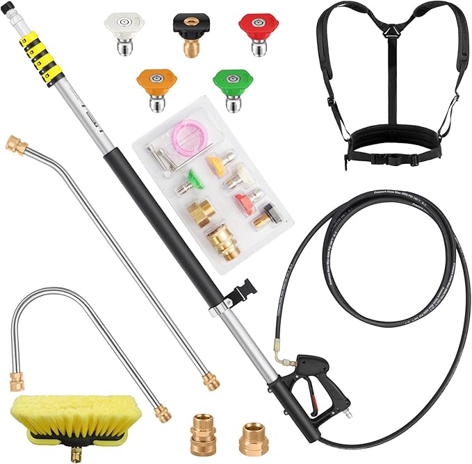 ExtraFein 24 FT Telescoping Pressure Washer Wand Extension, Hot Water Supported Power Washer Extension Wand with Brush Head, 5 Nozzle Tips, 2 Adapters, Harness, Gutter Cleaning Tools from The Ground