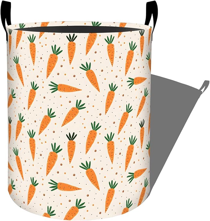 Playful Carrot with Green Leaf Laundry Basket with Handles, 19.7"x15.7" Clothes Foldable Polka Dot Design Laundry Hamper Organizer for Dorm Nursery Bedroom Bathroom Decor, Toy Storage Bin for Kids