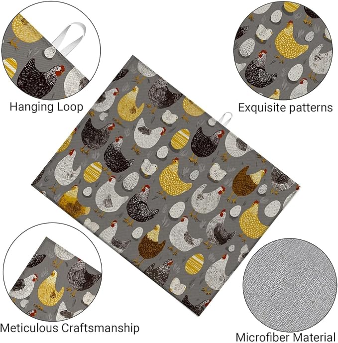 Dish Drying Mat For Kitchen Counter, Hens Roosters Chicken Microfiber Absorbent Dish Drainer Rack Pad Reusable Large 18x24in Drying Mat