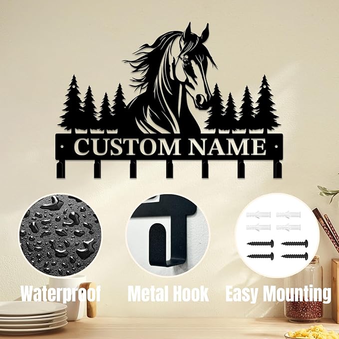 Personalized Custom Name Farm Horse Wall Key Hooks,Metal Horse Art Clothes Hooks,Metal Horse Wall Home Storage Decorative,For Front Door, Hallway, Kitchen, Bedroom,Keys,Hats (Style B)
