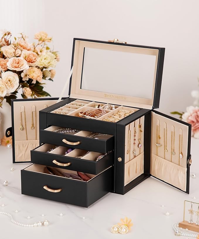 Jewelry Box with 3 Drawers: Display Organizer for Earrings Necklaces - Gifts for Girls Women (Black)