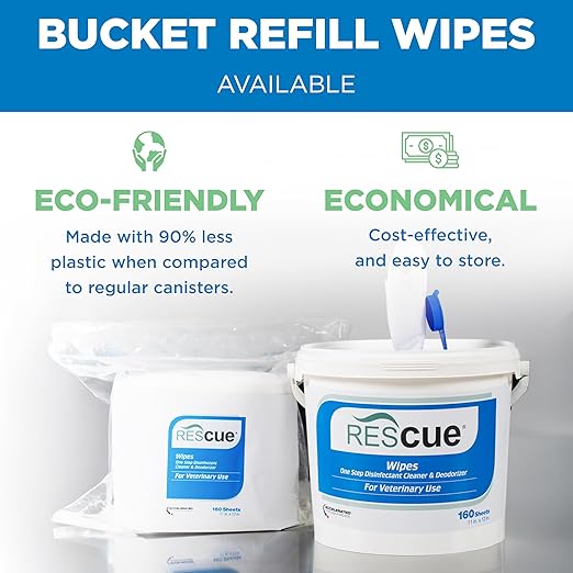 REScue One-Step Disinfectant Cleaner & Deodorizer Wipes for Vet Use – Cleaner for Kennels, Litter Boxes, Vet Offices, Pet Grooming Surfaces – Extra Large, 160-Count Wipes Bucket (4 Pack)