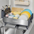 LIONONLY Dish Drying Rack, Thicker Premium Aluminum Frame and 304 Stainless Steel Plate Rack for Kitchen Counter, Automatic Drainage Spout, Dish Drainer & Drainboard Set with Utensil Holder,Gray