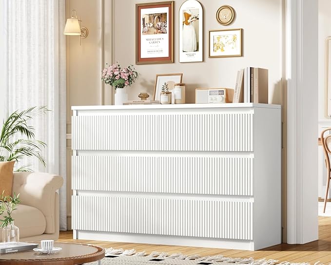 6 Drawer Dresser, Fluted Dresser for Bedroom with Sleek Hidden Handles, Bedroom Dressers with Drawers, Wood Closet Clothes Storage Organizer for Bedroom, Pure White