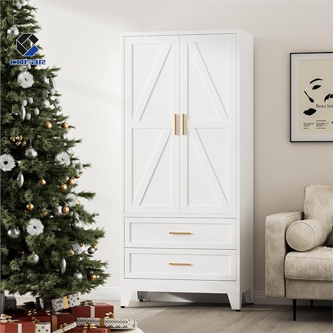COFaR Metal Wardrobe Closet with Doors, 71'' Tall Farmhouse Bedroom Armoires with Drawers and Hanging Rod, Freestanding Steel Wardrobe Cabinet Coat Closet for Bedroom Home Office Garage, White