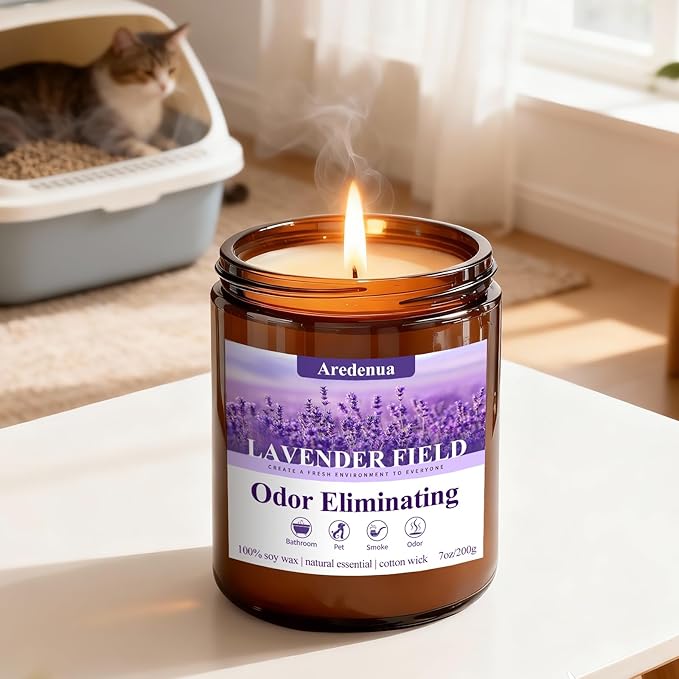 Lavender Odor Eliminating Candles | Eliminates 95% of Pet, Bad Smell & Bathroom Odors – 7oz Hand Poured Soy Candle - Aromatherapy Stress Relief Scented Candles - Relaxing Gifts for Calm & Fresh Homes