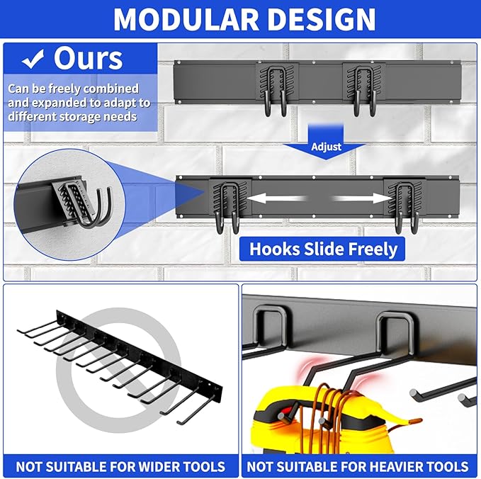CRXCRC Garage Wall Organizer Wall Mount, 48inch Heavy Duty Garden Tool organizer Storage System, Easy Install With 6 Adjustable Hooks, For Garage, Basement, Shed, Workshop(Black)