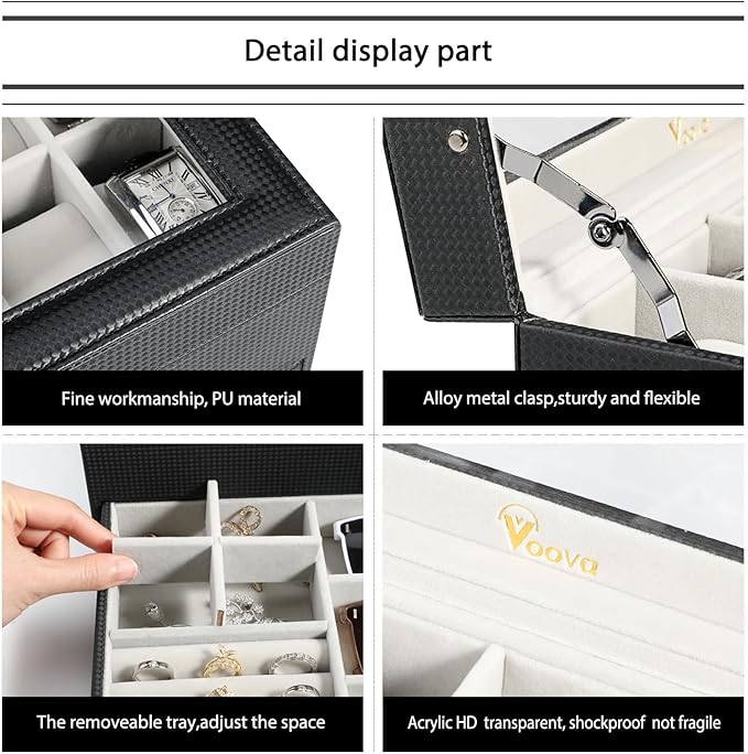 Voova Jewelry Box Watch Boxes Organizer for Men Women, 2 Layer Large 12 Slot PU Leather Watch Storage Case, Glass Top Jewelry Display Holder for Watches Sunglasses Rings Necklaces Bracelets,Black+Grey