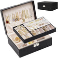 SYCARON Jewelry Box Organizer for Women, Jewelry Organizers 2 Layer Jewelry Storage Box PU Leather with Lock for Women Girls Rings Earrings Necklace Bracelets, Black