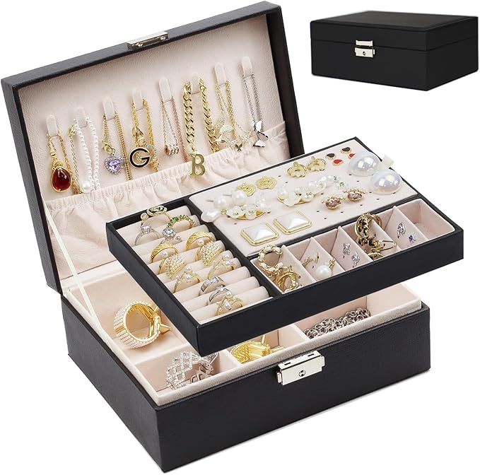 SYCARON Jewelry Box Organizer for Women, Jewelry Organizers 2 Layer Jewelry Storage Box PU Leather with Lock for Women Girls Rings Earrings Necklace Bracelets, Black