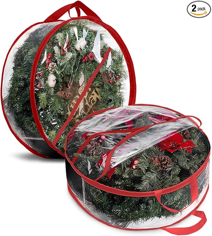 ProPik Christmas Wreath Storage Bag 30" - 2 Pack Clear Christmas Wreath Storage Container - Garland Holiday Artificial Wreath Storage Holder - Water Proof Transparent Clear PVC (30 Inch, Red)